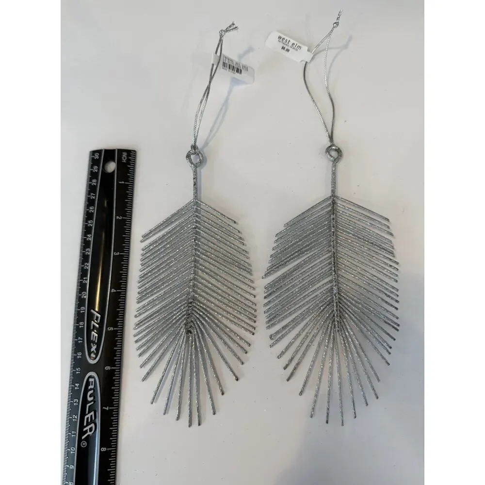 West Elm Silver Glitter Feather Ornaments Set of 3 Modern Holiday Christmas